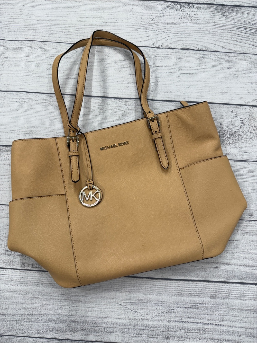 Michael Kors Caramel Saffiano Leather Tote Bag with MK Charm
